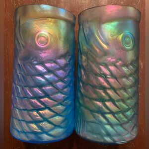 2 Beautiful Rare Vintage John Cook Iridescent Blue Koi Design Art Glass Tumblers